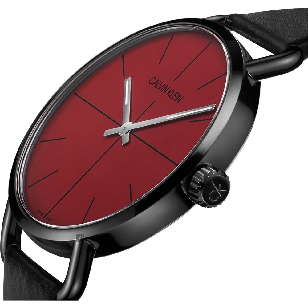 Side profile of Calvin Klein Even watch with black case and leather strap