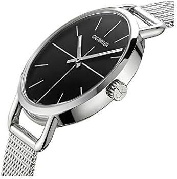 Calvin Klein Even watch angled view showing black dial and mesh bracelet