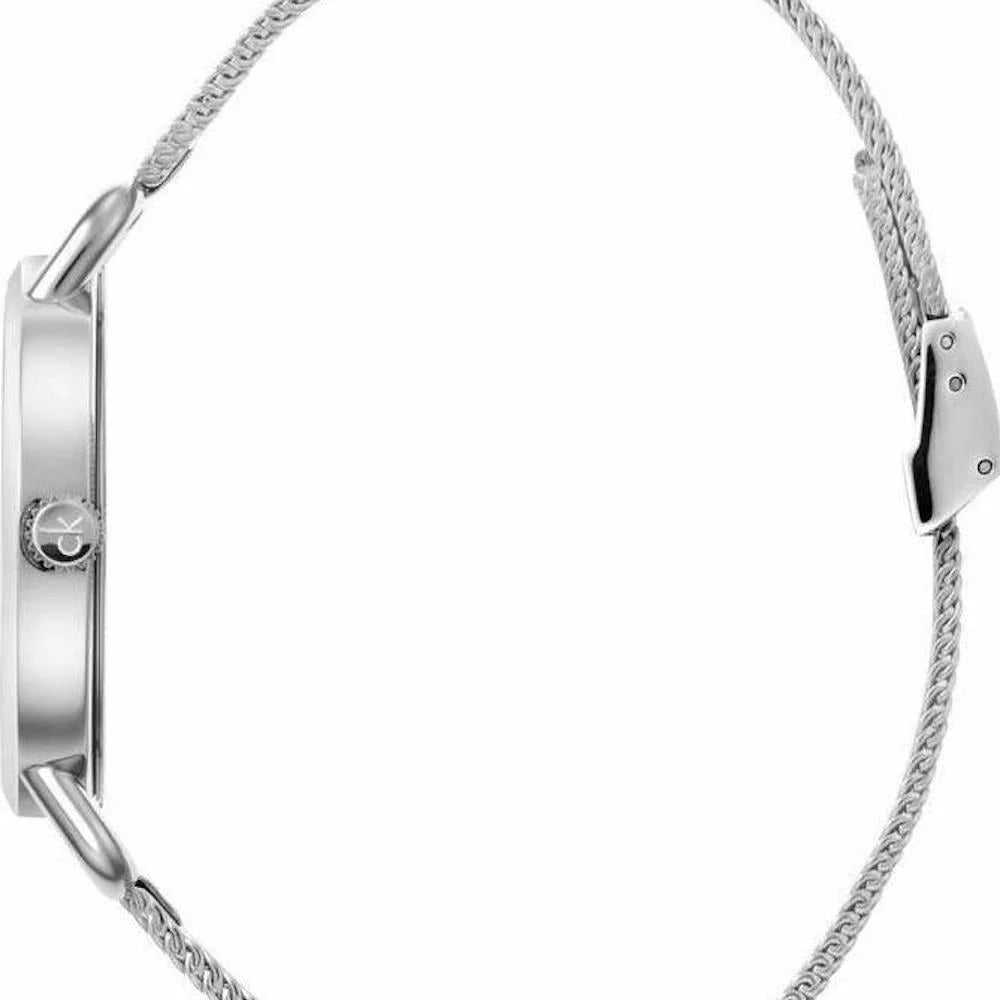 Calvin Klein Even watch side profile with silver case and mesh band