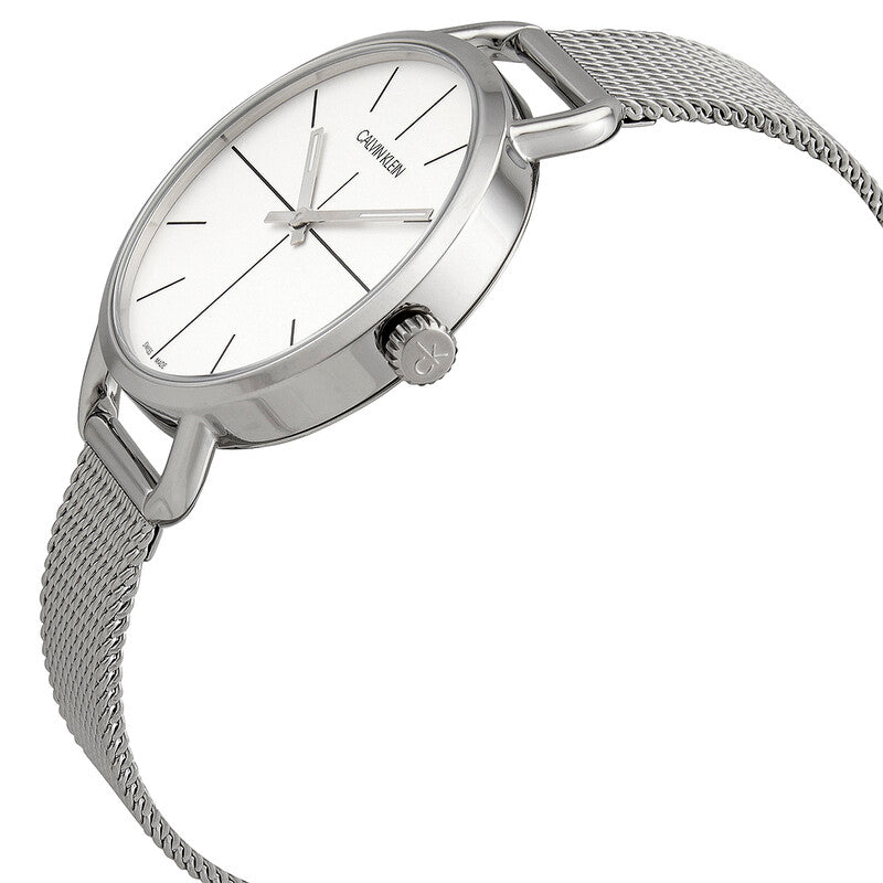 Calvin Klein Even ladies watch angled view showing white dial and side profile with mesh strap