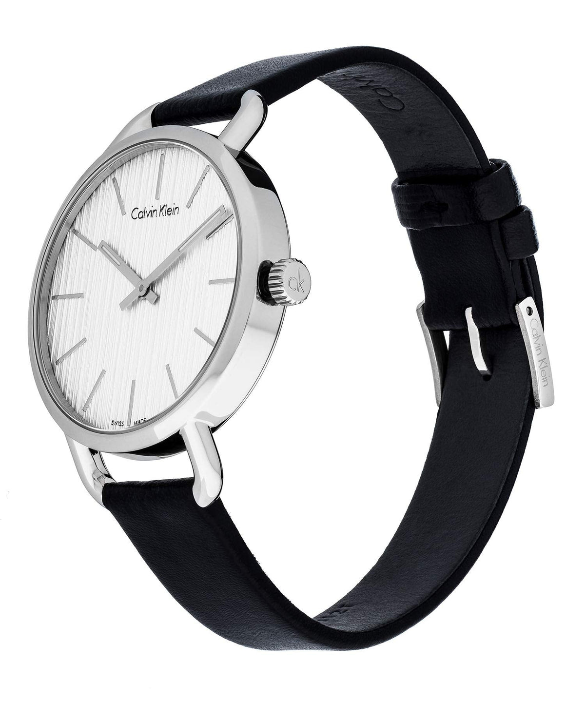Calvin Klein Even watch worn on wrist showing silver case and black leather strap