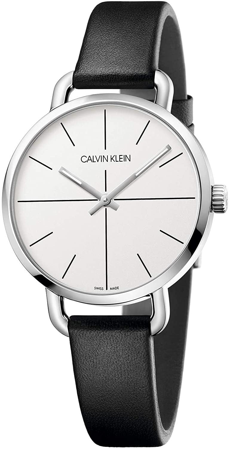 Side view of Calvin Klein Even women's watch with black leather strap and silver case