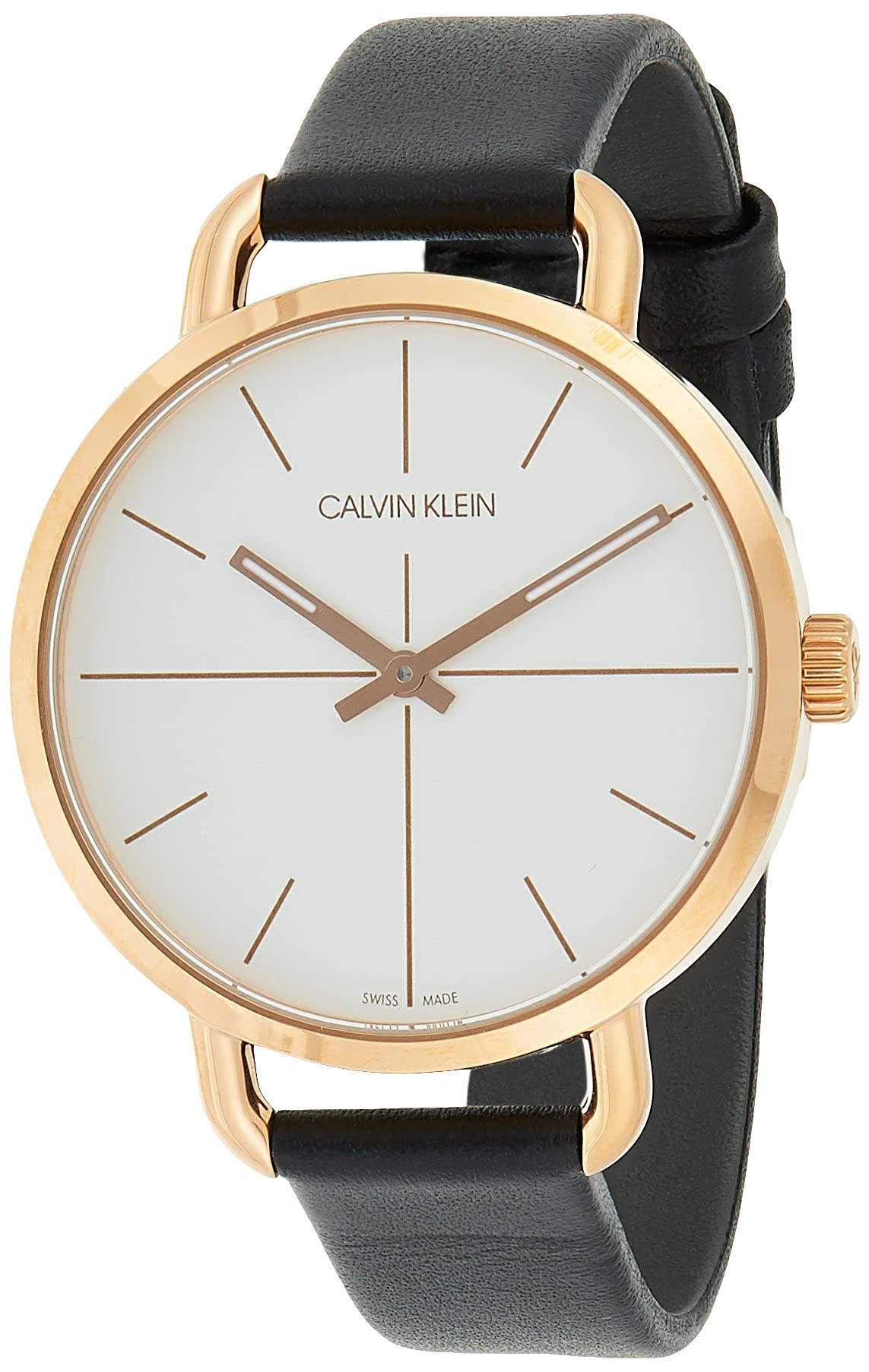 Calvin Klein Even watch angled view showing rose gold case, silver dial, and black leather strap