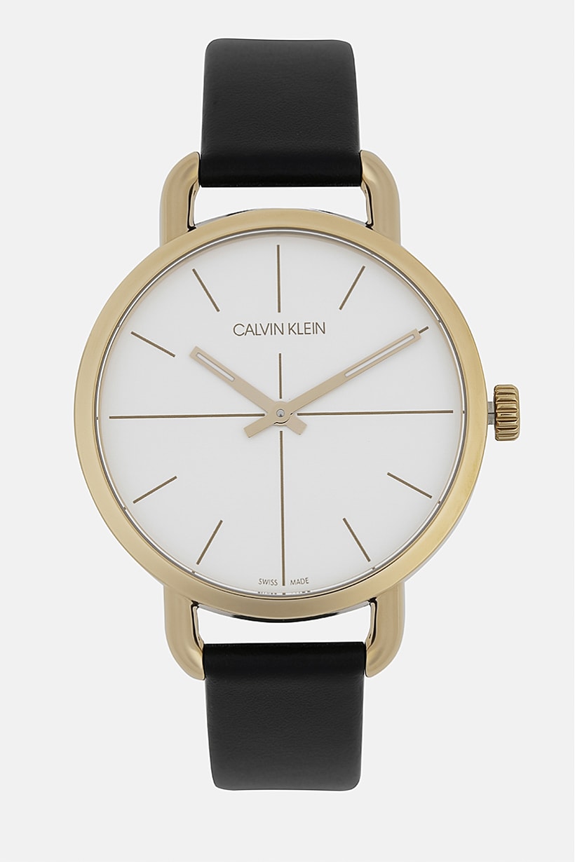 Calvin Klein Even ladies watch with silver dial, rose gold case, and black leather strap displayed flat