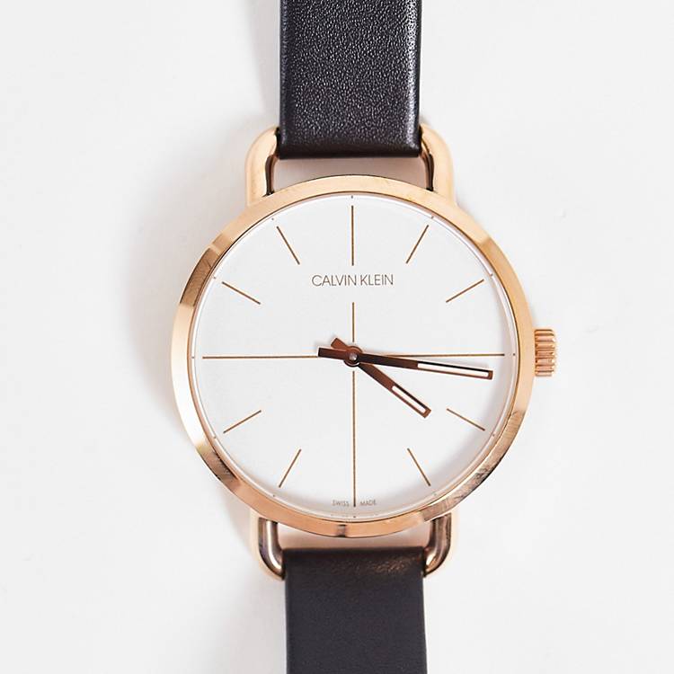 Calvin Klein Even quartz watch worn on wrist showing silver dial and rose gold case details