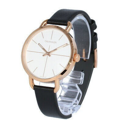Side profile of Calvin Klein Even ladies watch showing case depth and black leather strap construction