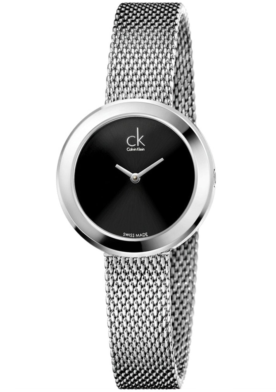 Calvin Klein Firm women's watch with black dial and silver mesh bracelet