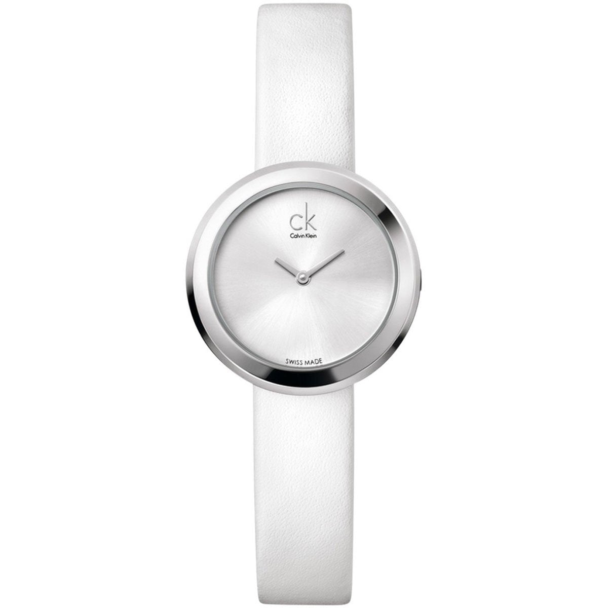 Calvin Klein Firm watch displayed at angle with white leather strap