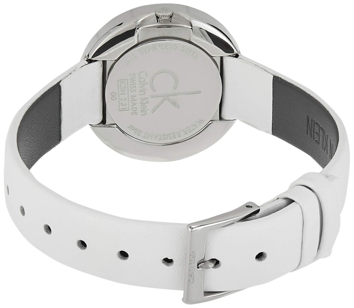 Calvin Klein Firm watch caseback showing movement and leather strap