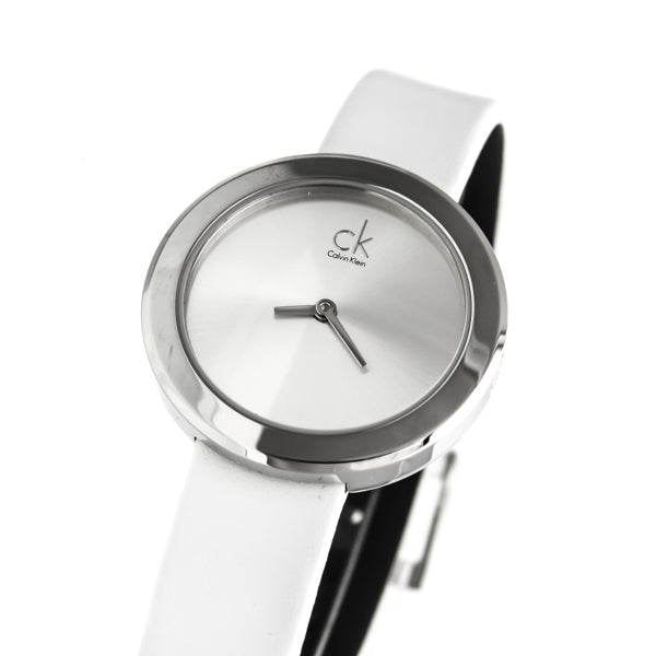 Side view of Calvin Klein Firm watch with white and black leather strap