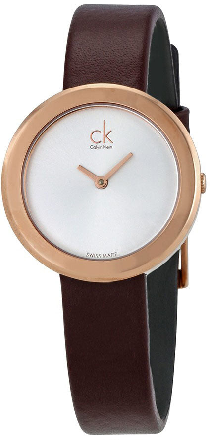 Calvin Klein Firm ladies watch angled view showing silver dial and brown leather band