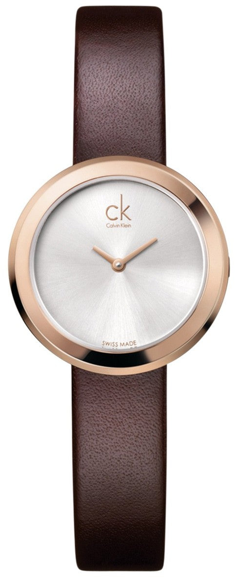 Calvin Klein Firm watch with silver dial, rose gold case, and brown leather strap