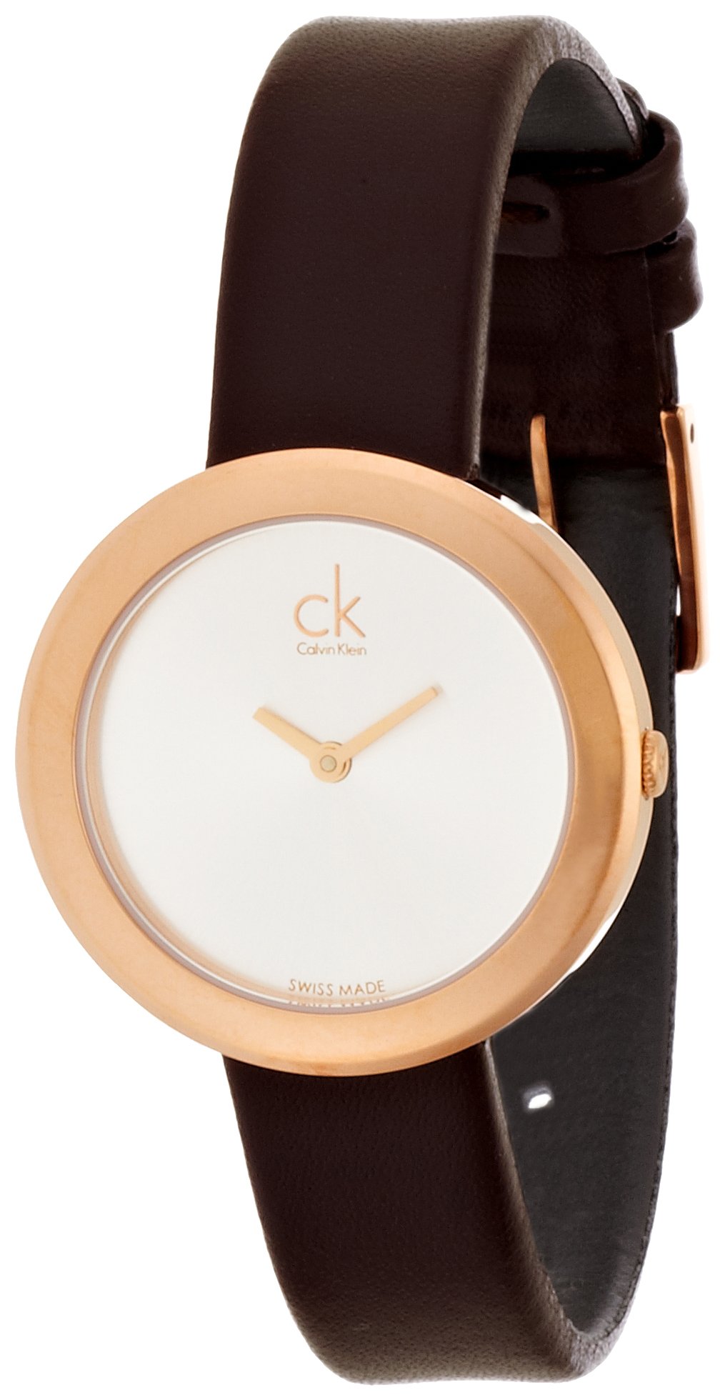 Calvin Klein Firm watch on wrist displaying silver dial and brown leather strap