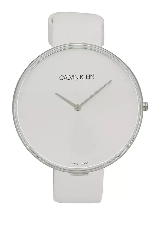 Calvin Klein Full Moon watch face, clean silver dial design with Calvin Klein text
