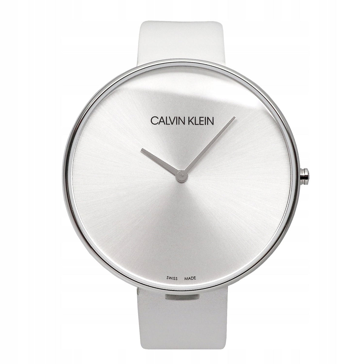 Calvin Klein Full Moon watch front view, minimalist silver dial with hour and minute hands