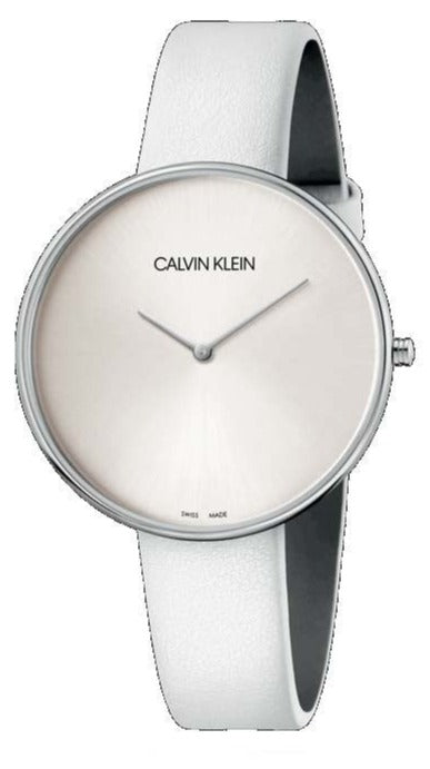 Calvin Klein Full Moon watch on white leather strap, silver dial with Calvin Klein branding