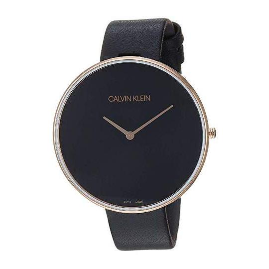 Calvin Klein Full Moon ladies watch at angle showing black leather strap and dial