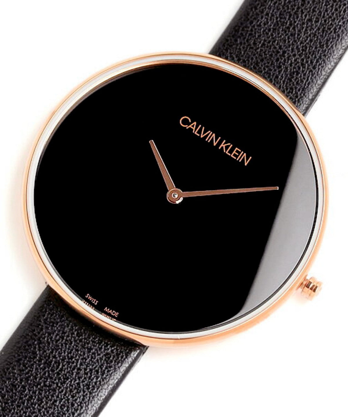 Calvin Klein Full Moon K8Y236C1 with black leather strap and rose gold case overhead view