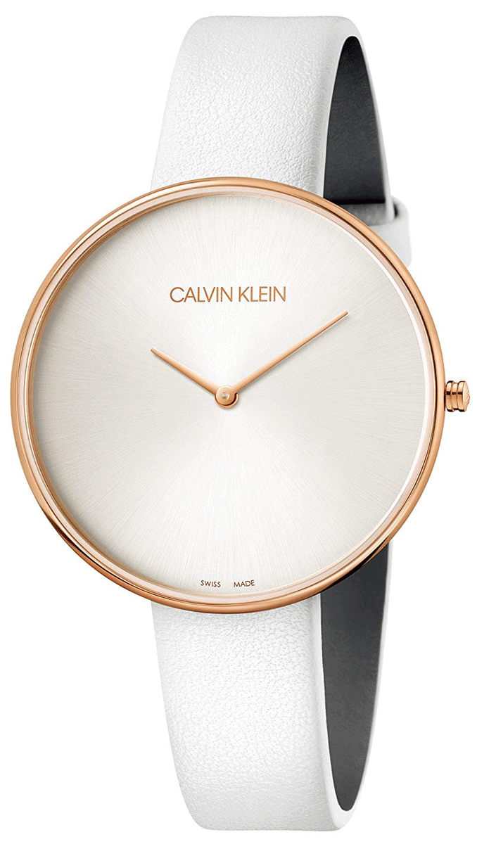 Calvin Klein Full Moon women's watch with rose gold case, white dial, and white leather strap