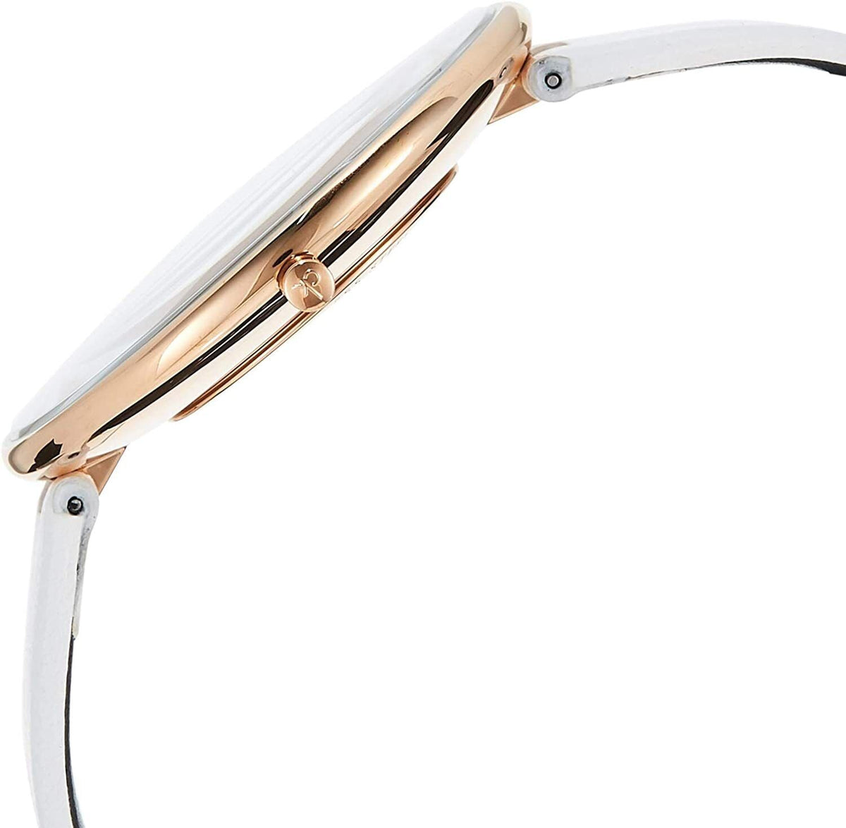 Side profile view of Full Moon watch case and white leather strap