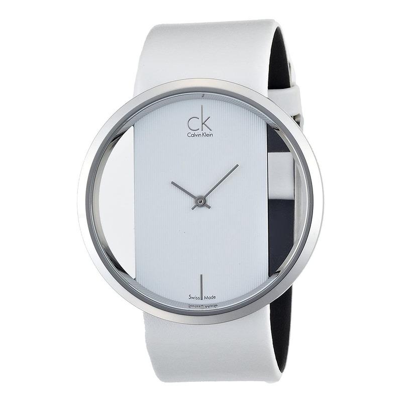 Calvin Klein Glam K9423101 women's watch angled view showing transparent dial and strap