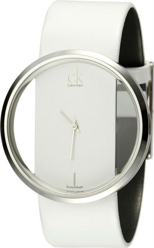Calvin Klein Glam K9423101 watch angled side view showing white leather strap and case