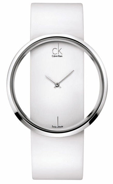 Calvin Klein Glam K9423101 women's watch with transparent white dial and white leather strap