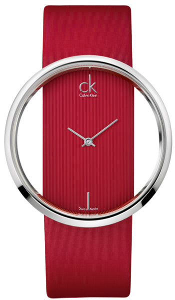 Calvin Klein Glam K9423144 watch with red leather strap and transparent dial front view