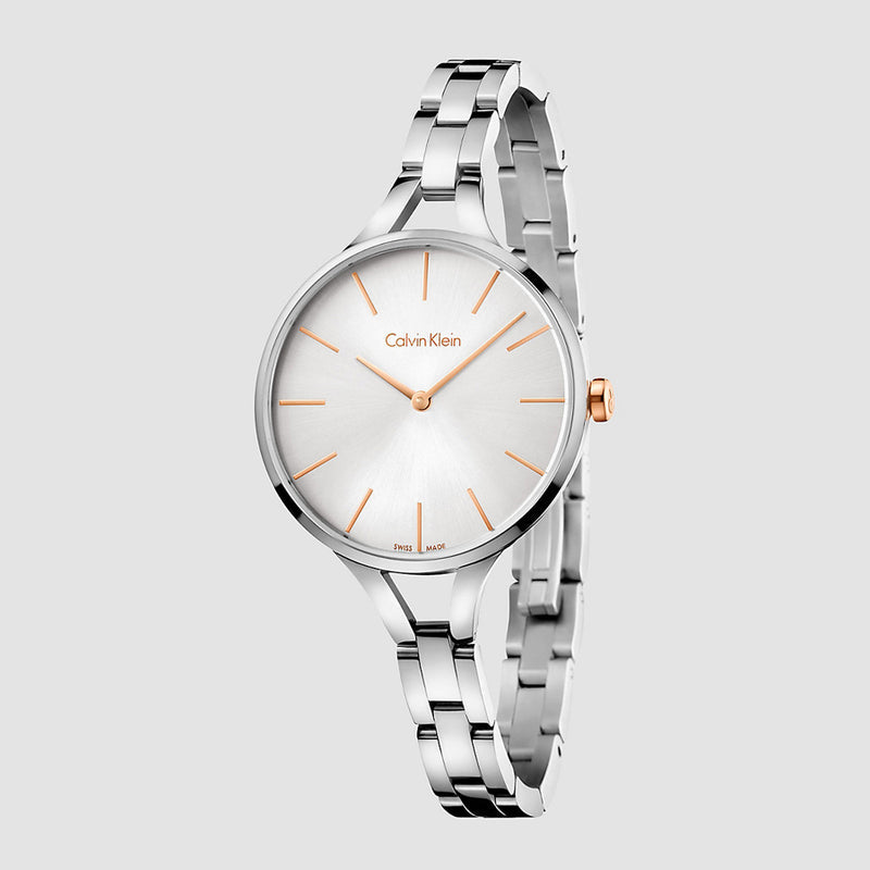 Calvin Klein Graphic ladies watch full frontal display with silver dial and rose gold hands