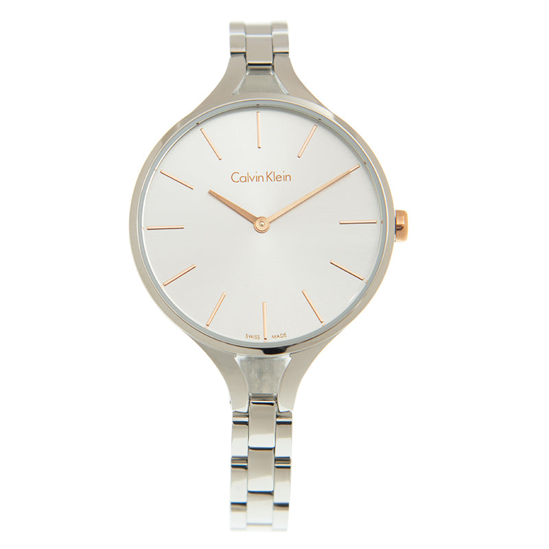 Calvin Klein Graphic ladies watch with silver dial, minimalist indexes, and stainless steel band
