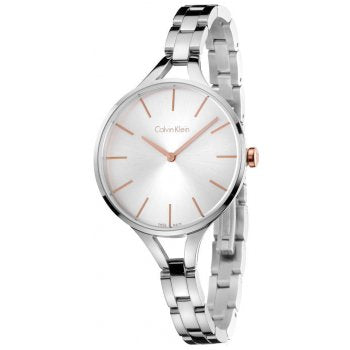 Calvin Klein Graphic ladies watch three-quarter view showing silver dial and bracelet