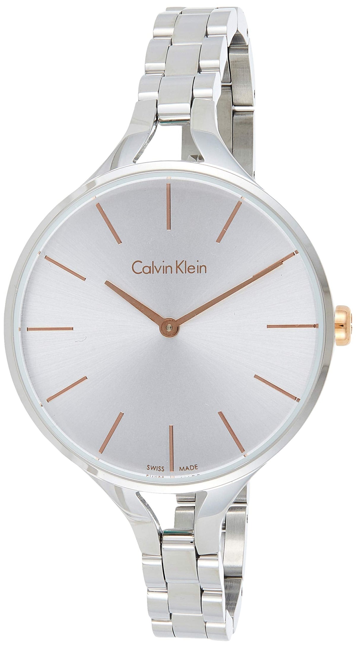 Calvin Klein Graphic ladies watch frontal view with silver dial and rose gold indices