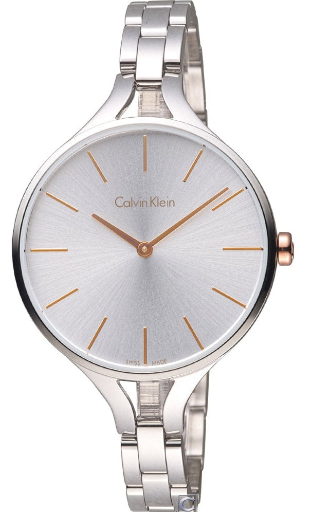Calvin Klein Graphic ladies watch with silver dial and rose gold accents, stainless steel bracelet