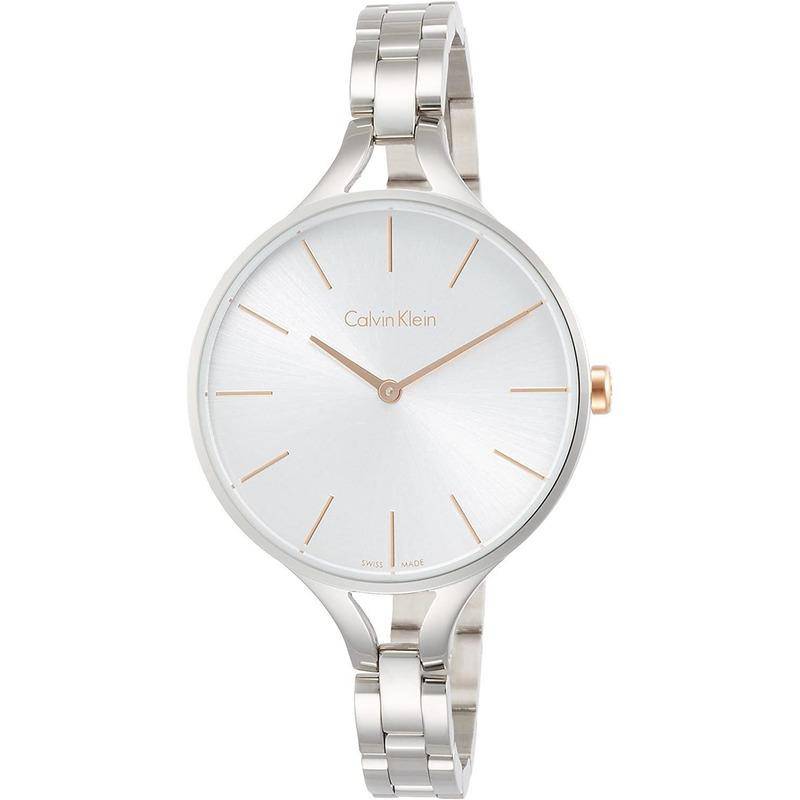 Calvin Klein Graphic ladies watch angled view showing stainless steel bracelet and case