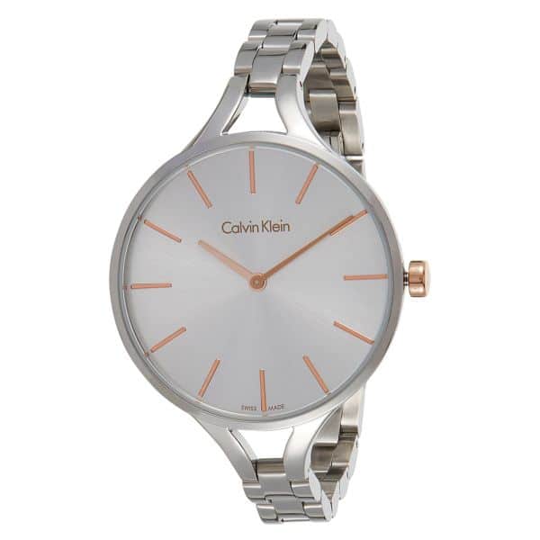 Calvin Klein Graphic ladies watch side angle view with bracelet and round silver dial