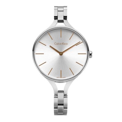 Calvin Klein Graphic ladies watch direct front view with silver dial and rose gold accents