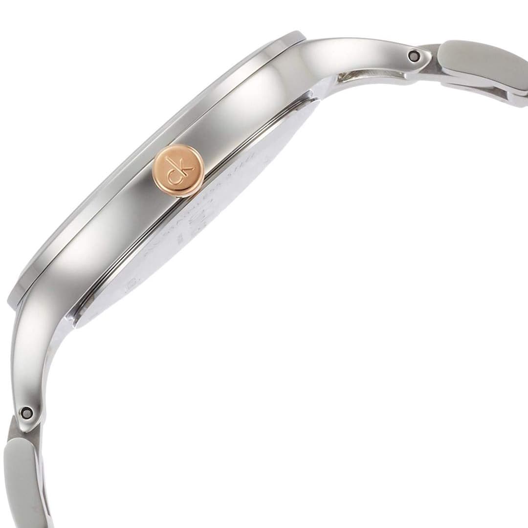 Calvin Klein Graphic ladies watch side profile showing stainless steel case and bracelet
