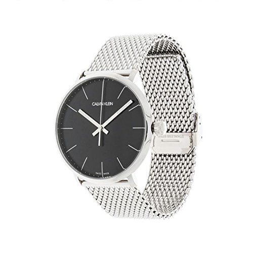 Calvin Klein High Noon K8M21121 watch at angle showing black dial and mesh strap