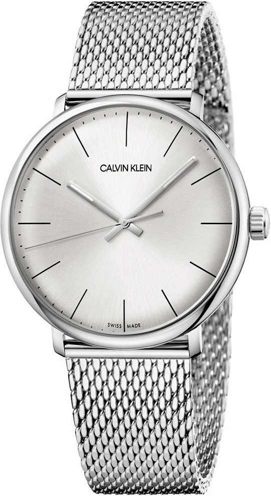 Calvin Klein High Noon quartz men's watch with silver dial and stainless steel mesh band