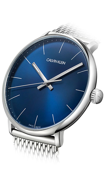 Side view of Calvin Klein High Noon K8M2112N watch with silver mesh bracelet and crown detail