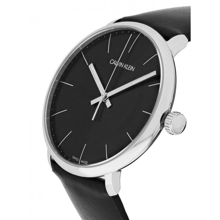 Angled view of Calvin Klein High Noon men's watch displaying dial and leather strap detail