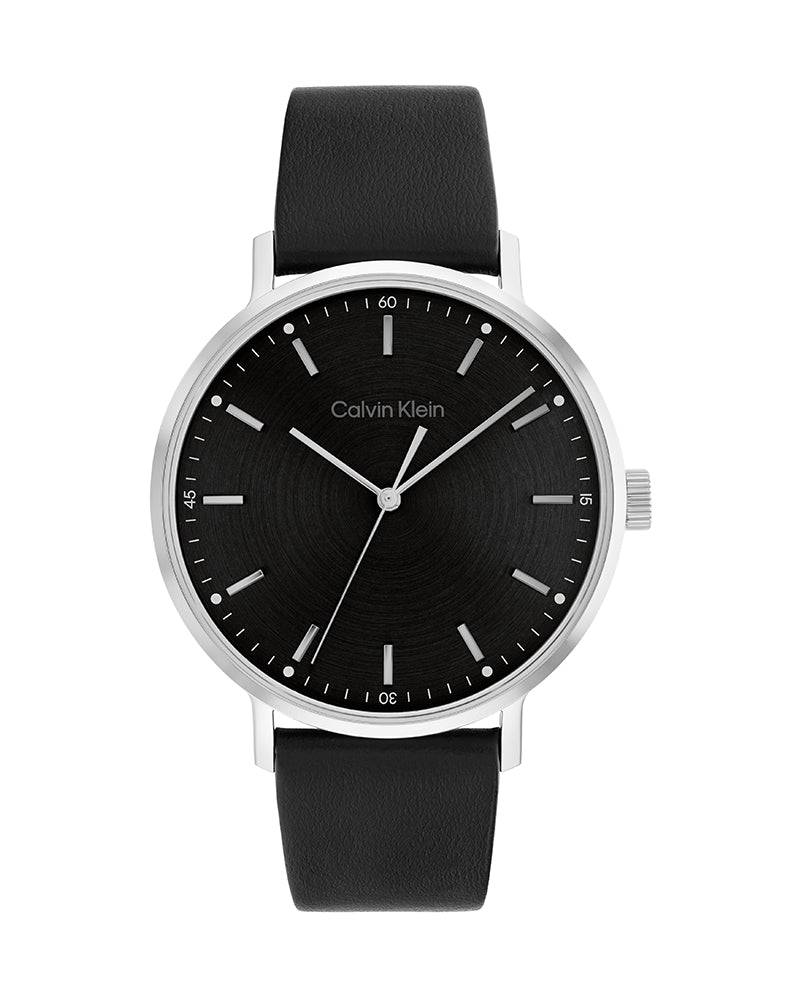 Front view of Calvin Klein High Noon watch with black dial and black leather band
