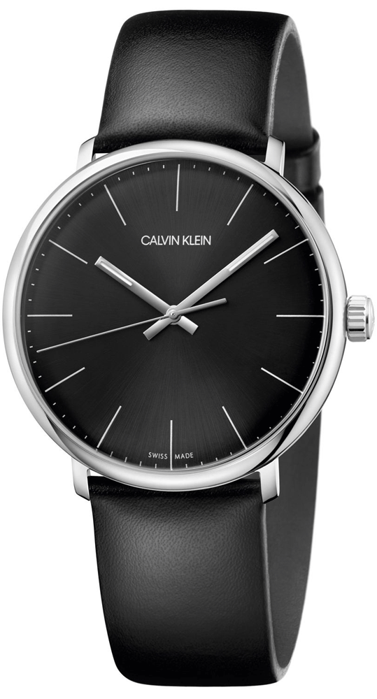 Calvin Klein High Noon black dial quartz watch with silver-tone case and black leather strap