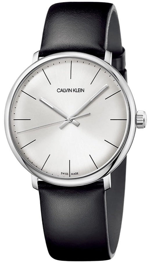 Calvin Klein High Noon men's watch with white dial and black leather strap