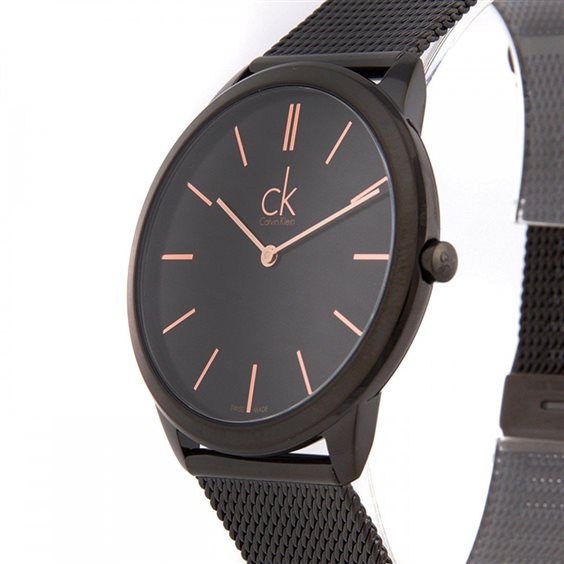 Side profile of Calvin Klein High Noon watch showing case thickness and black mesh bracelet