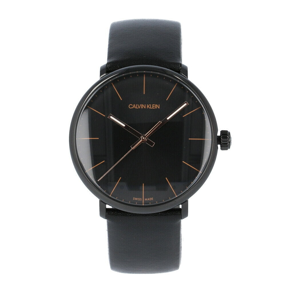 Calvin Klein High Noon watch displayed at angle showing black case and dial with rose gold hour markers