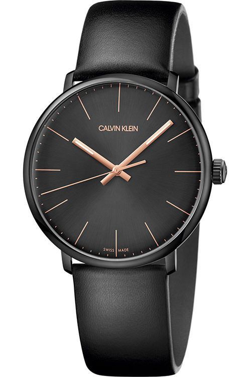 Calvin Klein High Noon men's watch with black dial and rose gold hands on black leather strap