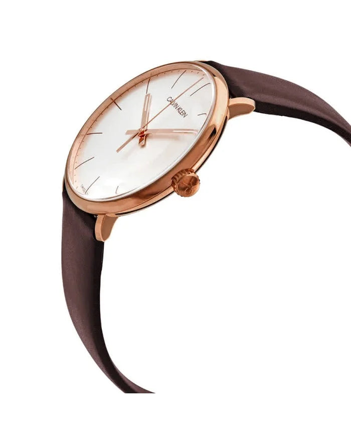 Calvin Klein High Noon watch side view with rose gold case and brown leather strap