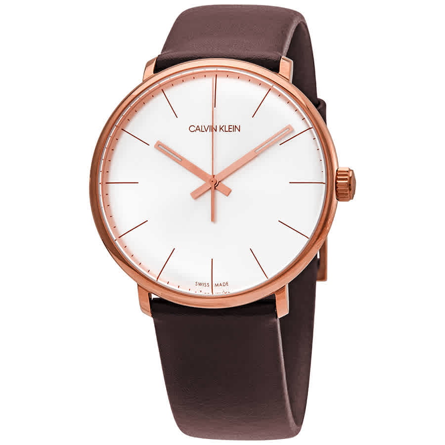 Calvin Klein High Noon quartz watch front view with silver dial and rose gold accents on strap