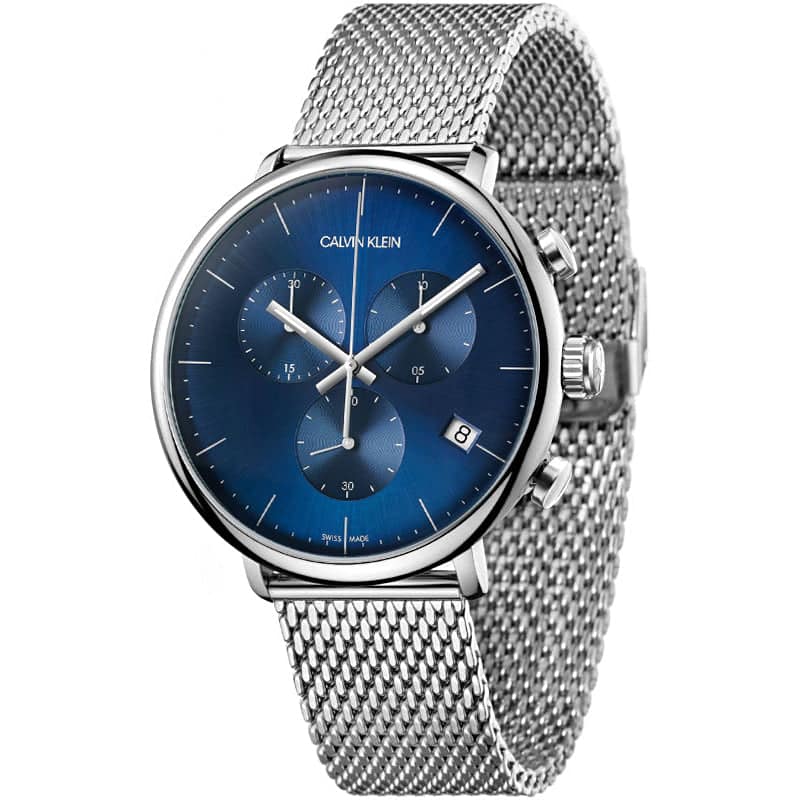 Calvin Klein High Noon chronograph watch three-quarter view showing blue dial and mesh strap